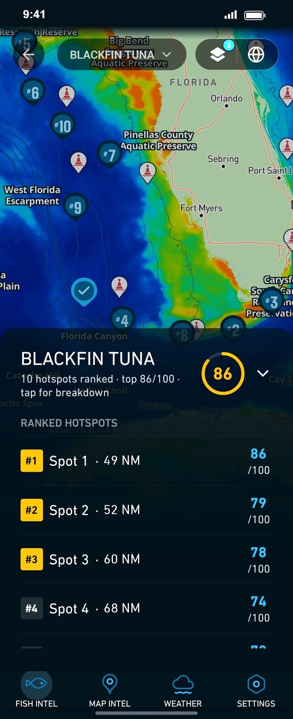 Breakpoint Fish Intel: blackfin tuna, 10 hotspots ranked, top spot 86 out of 100, 49 NM