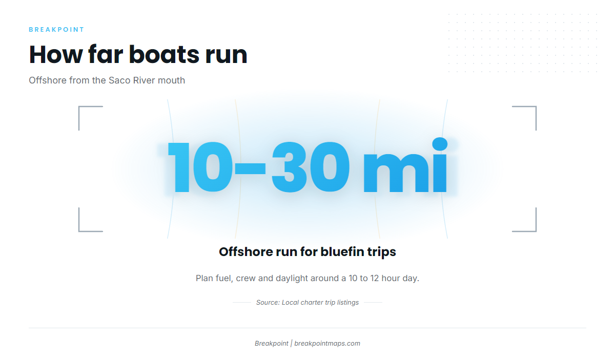 How far out (Atlantic bluefin tuna fishing out of Saco / Biddeford)