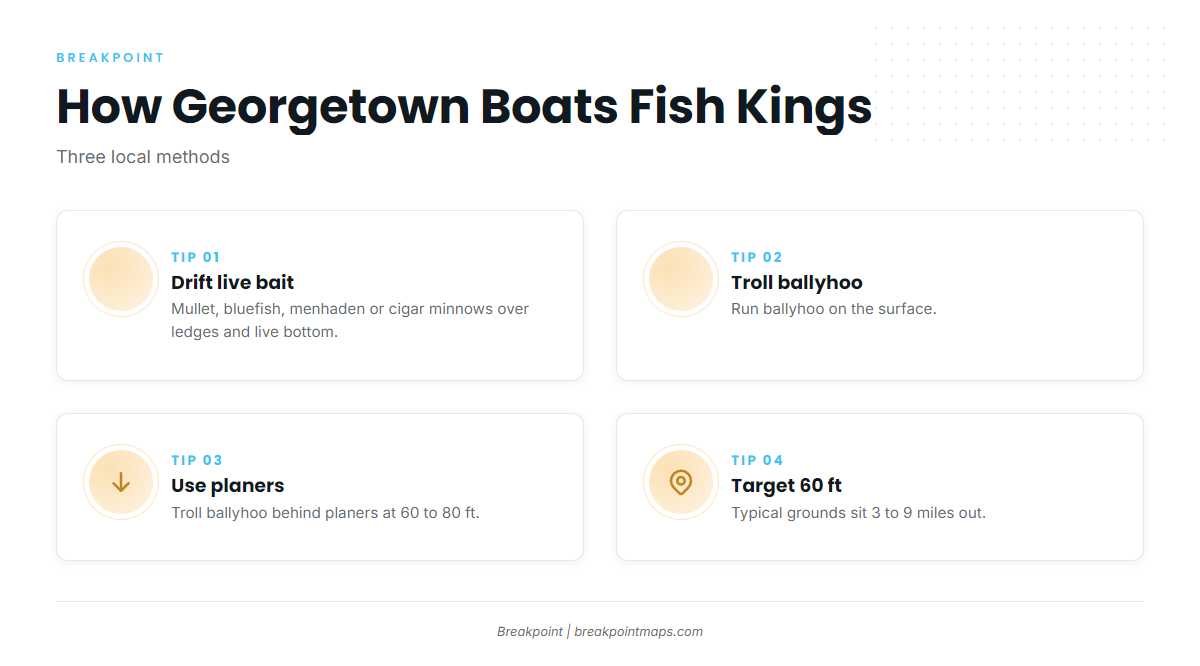 How king mackerel are fished out of Georgetown: live bait and trolling