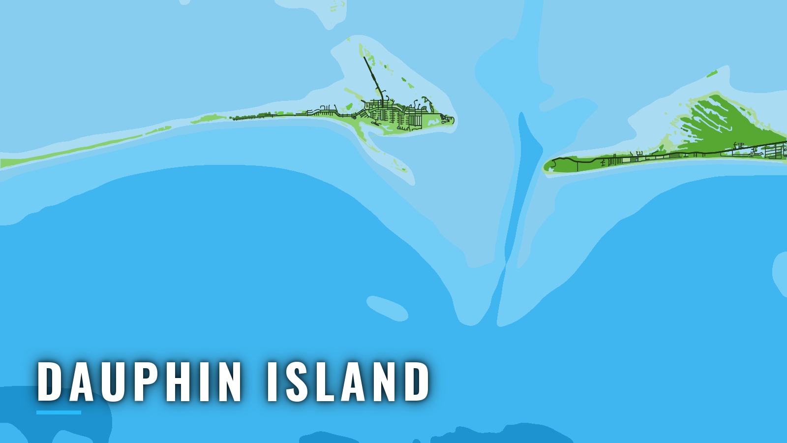 Stylized map of Dauphin Island, Alabama, labelled with the port name (not for navigation)