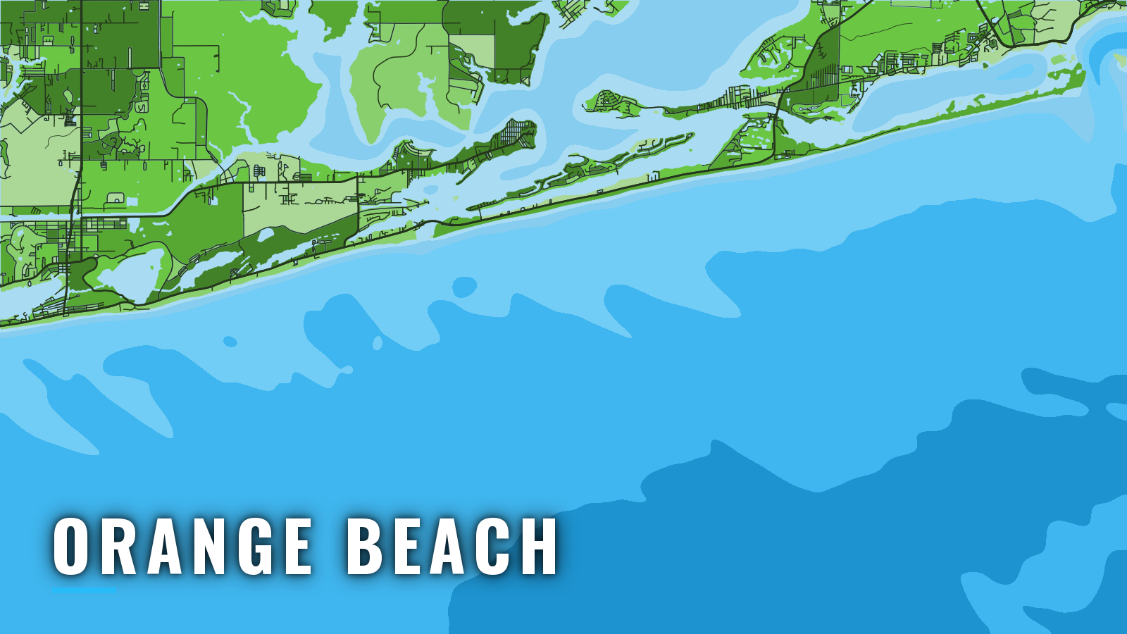 Stylized map of Orange Beach, Alabama, labelled with the port name (not for navigation)