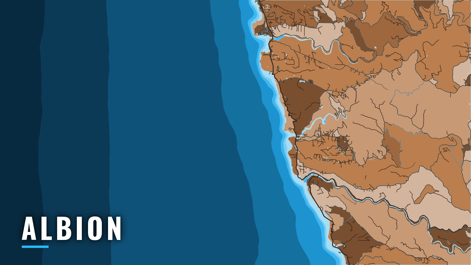 Stylized map of Albion, California, labelled with the port name (not for navigation)