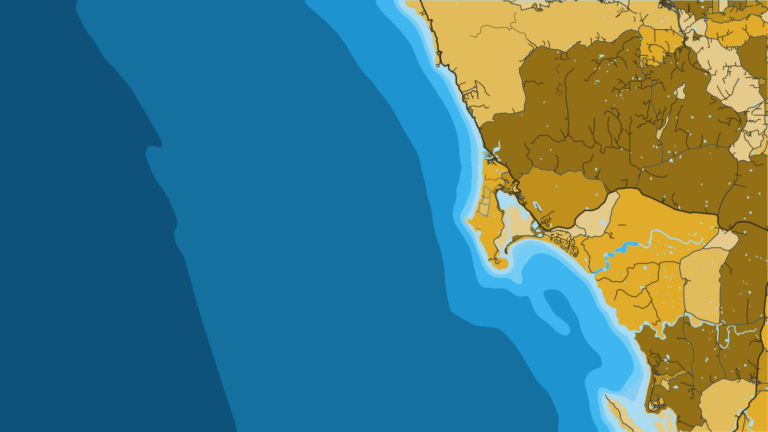 Illustration of Bodega Bay, The Sonoma harbor for rockfish and lingcod. Cordell Bank lies offshore and is closed to all groundfish fishing.