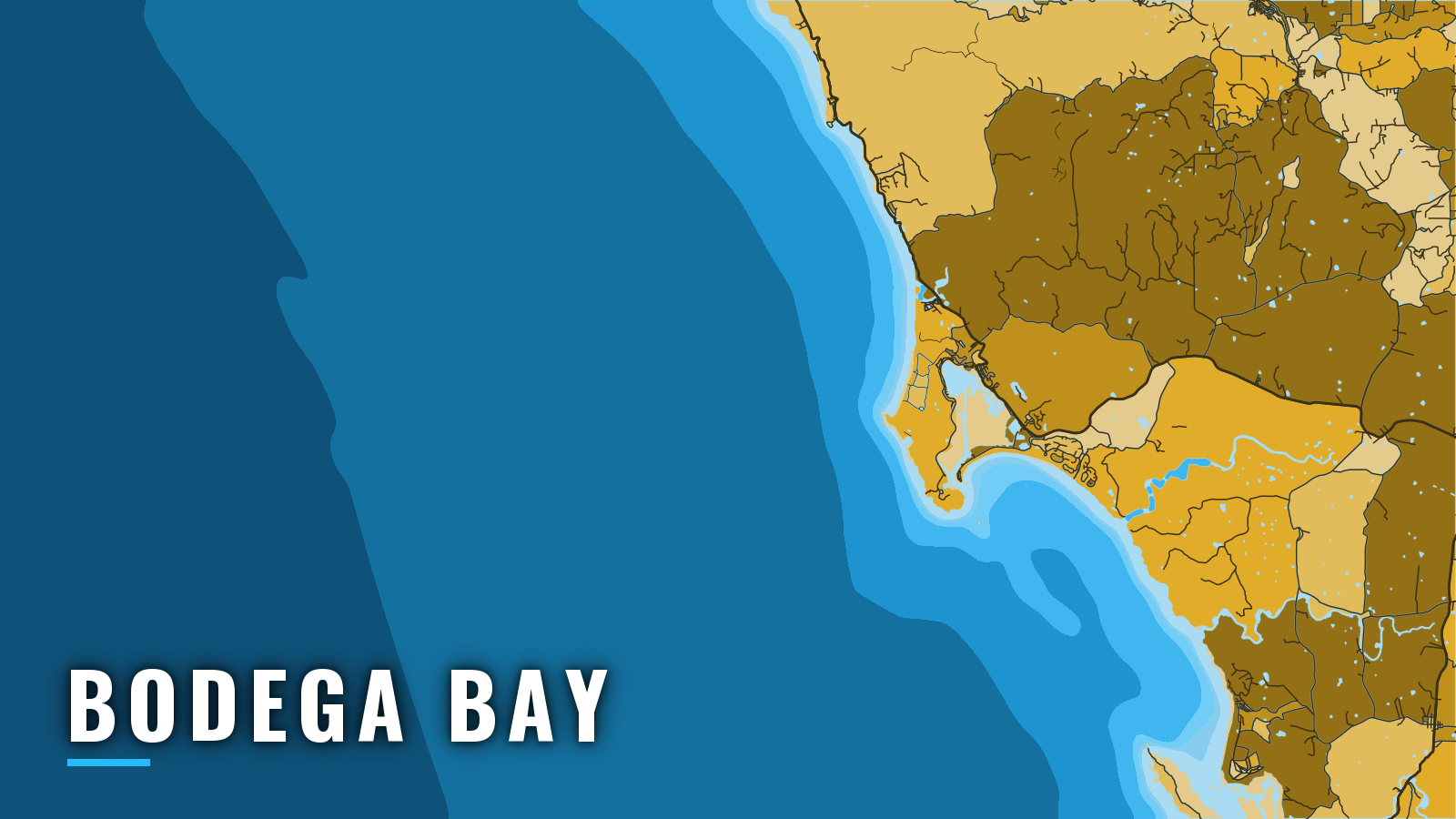 Stylized map of Bodega Bay, California, labelled with the port name (not for navigation)