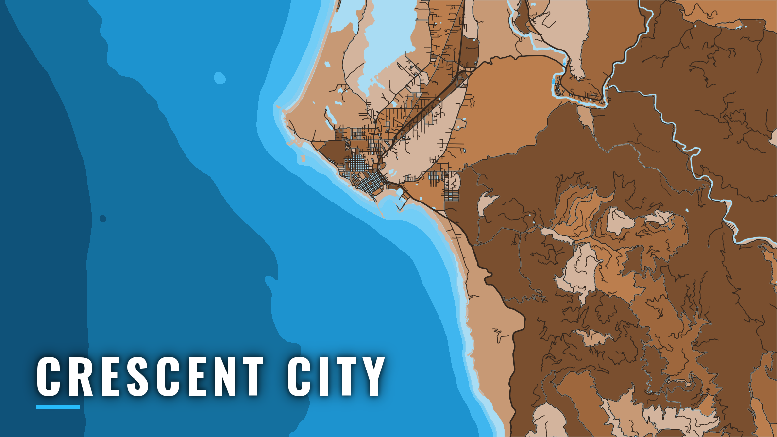 Stylized map of Crescent City, California, labelled with the port name (not for navigation)