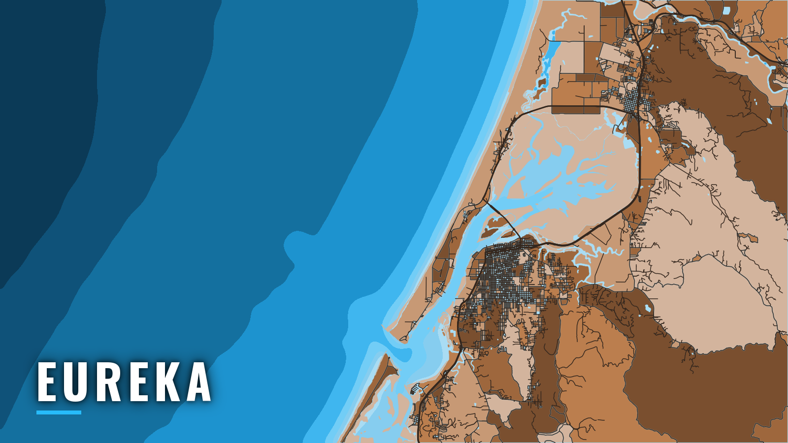 Stylized map of Eureka, California, labelled with the port name (not for navigation)