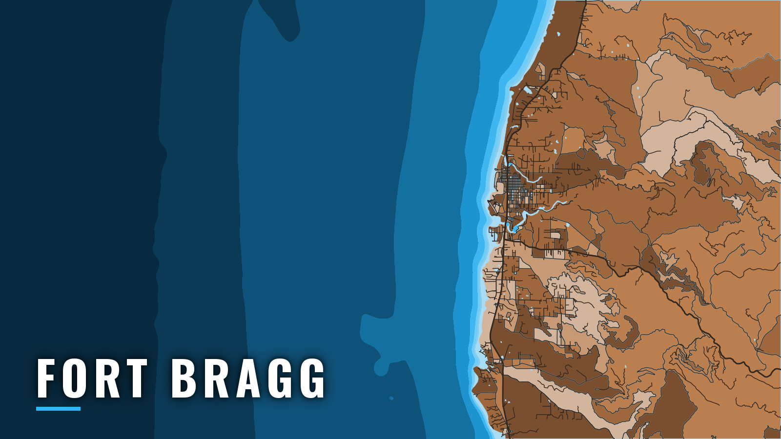 Stylized map of Fort Bragg, California, labelled with the port name (not for navigation)