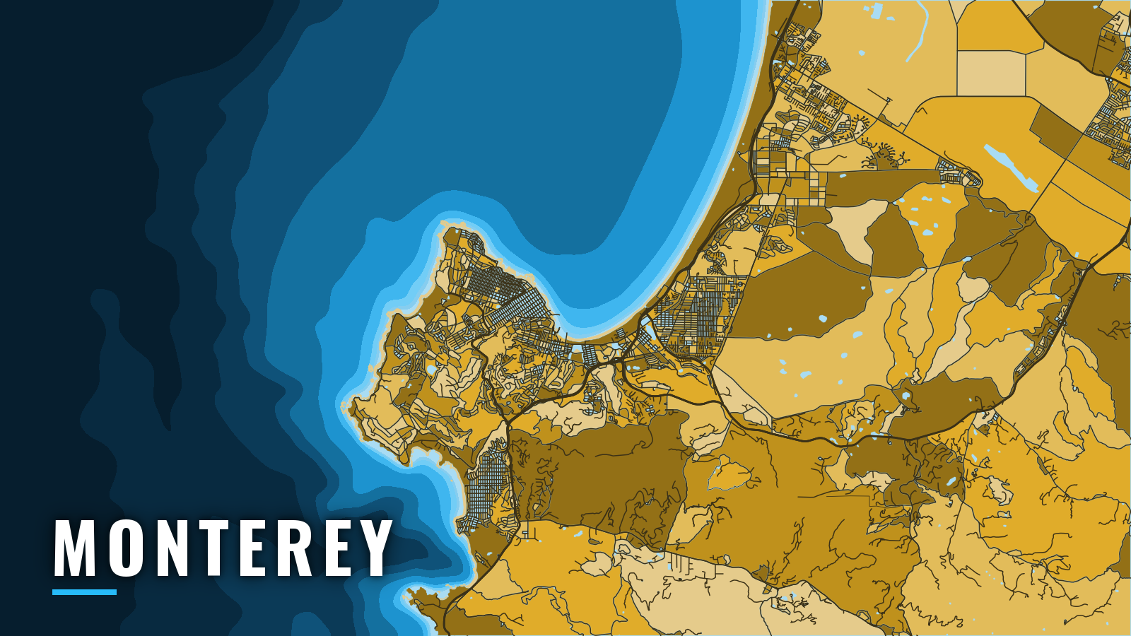 Stylized map of Monterey, California, labelled with the port name (not for navigation)