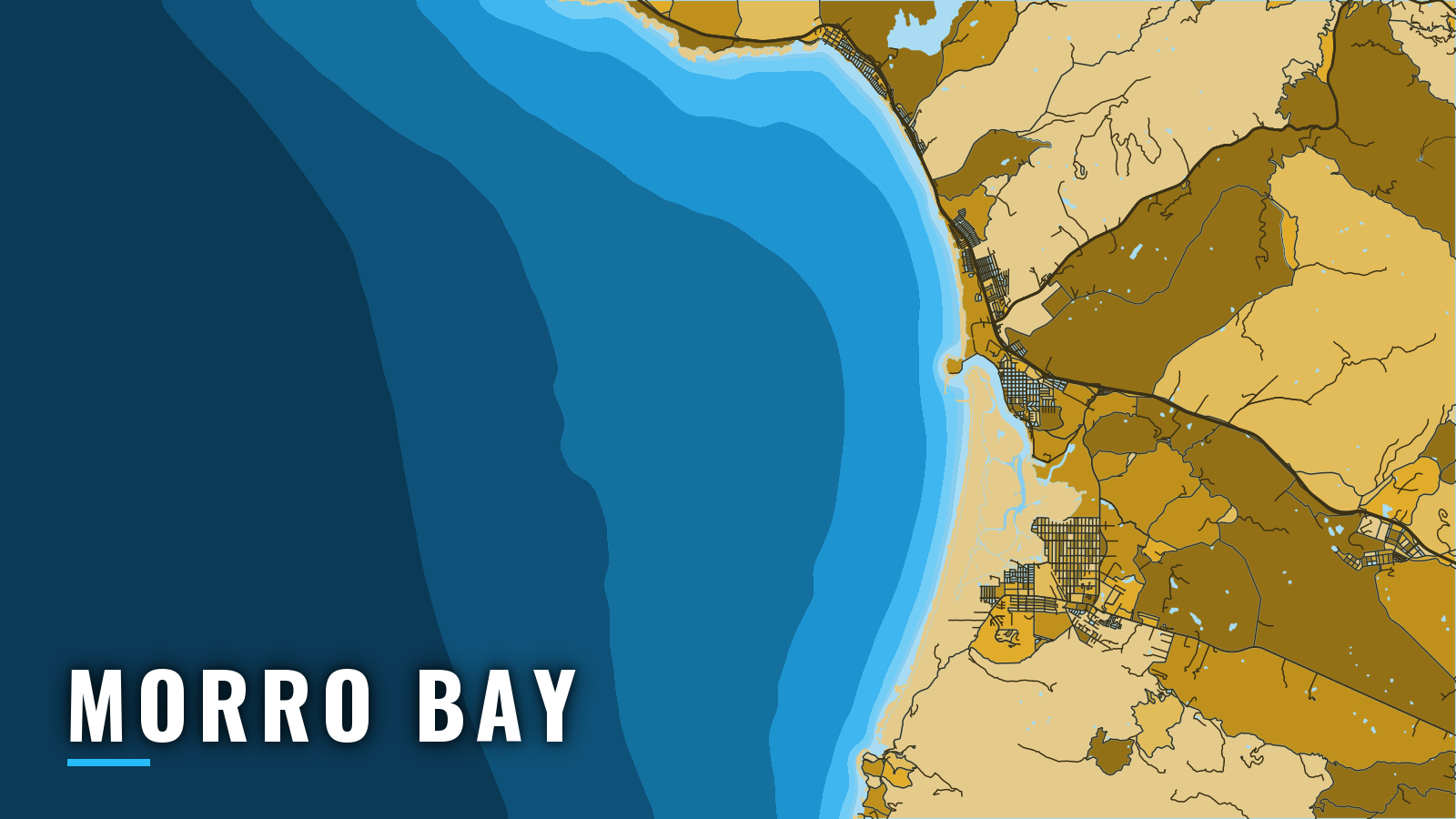 Stylized map of Morro Bay, California, labelled with the port name (not for navigation)
