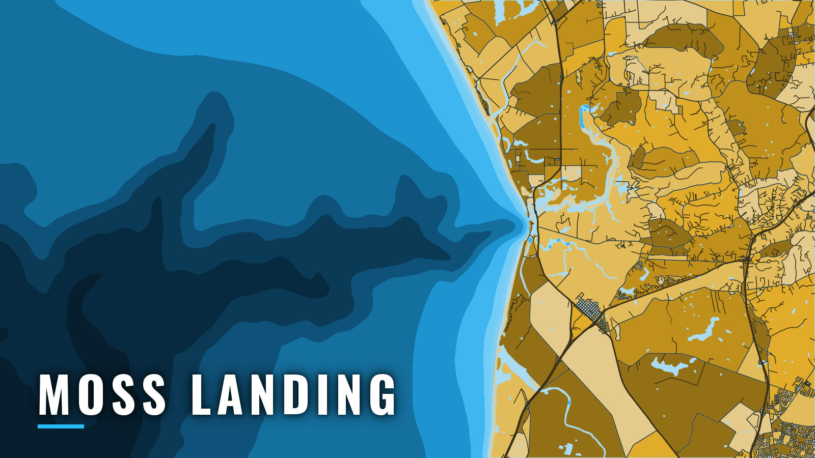 Stylized map of Moss Landing, California, labelled with the port name (not for navigation)
