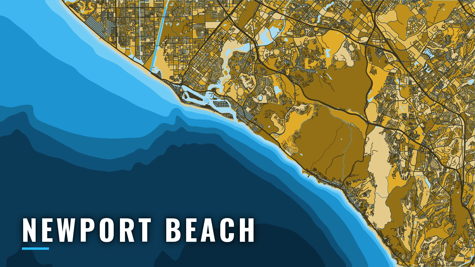 Stylized map of Newport Beach, California, labelled with the port name (not for navigation)
