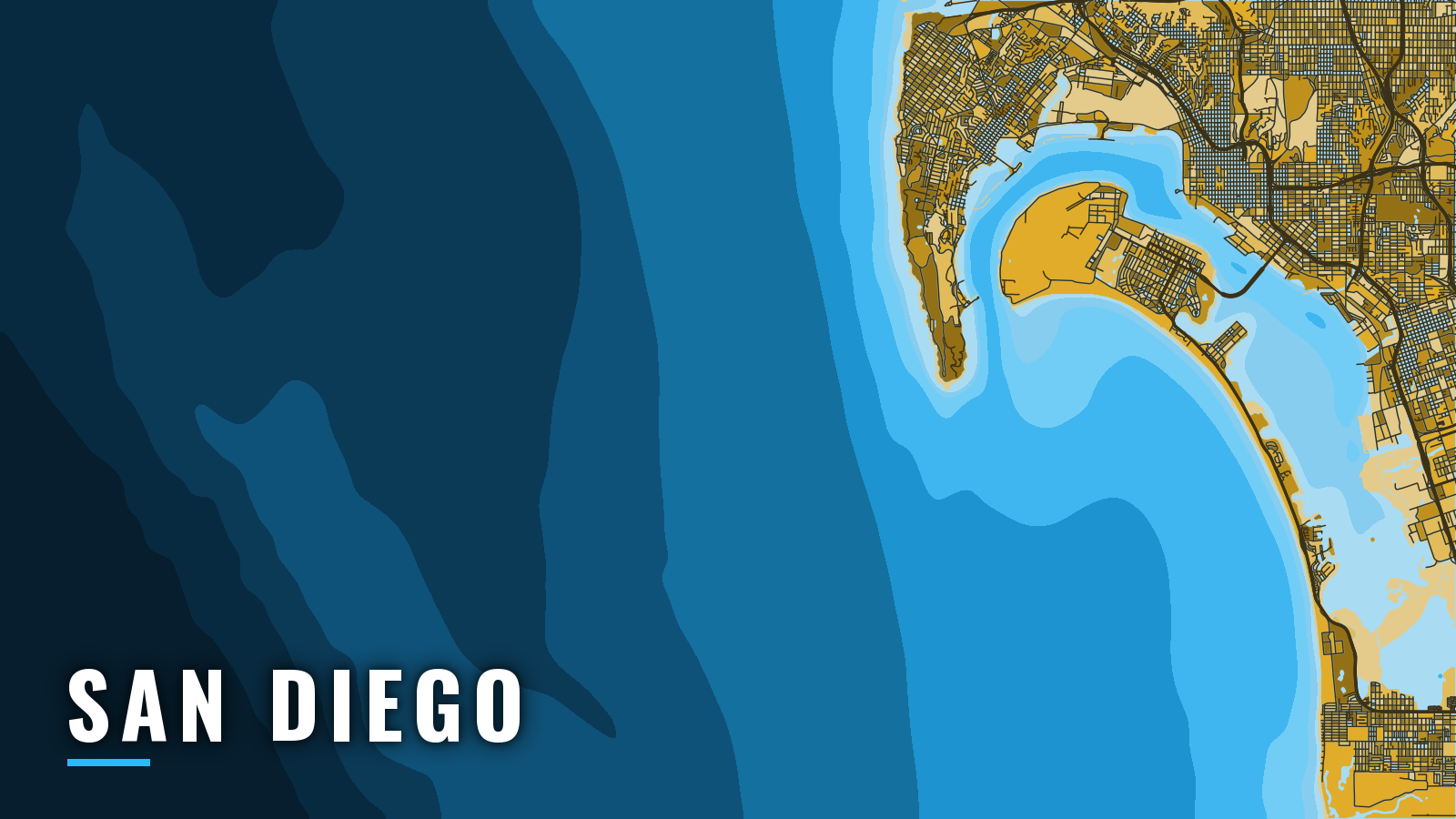 Stylized map of San Diego, California, labelled with the port name (not for navigation)