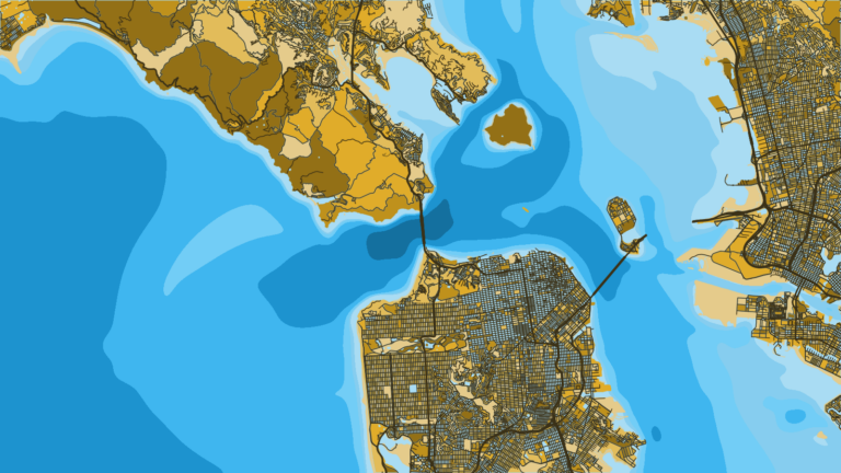 Illustration of San Francisco, boats run outside the Golden Gate for rockfish and lingcod, and for salmon when the season allows.