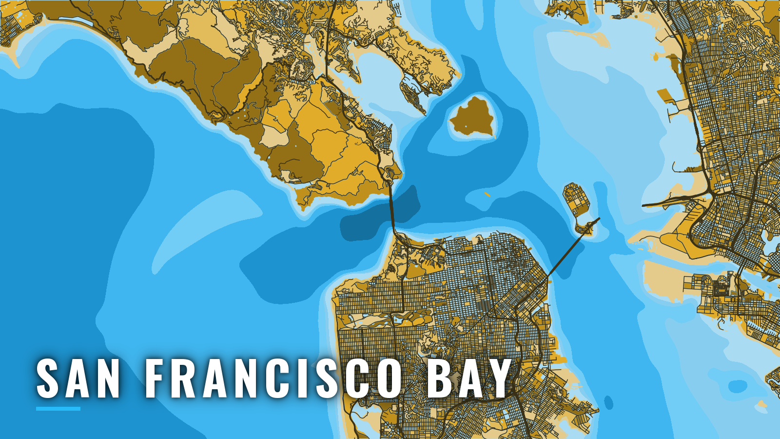 Stylized map of San Francisco Bay, California, labelled with the port name (not for navigation)