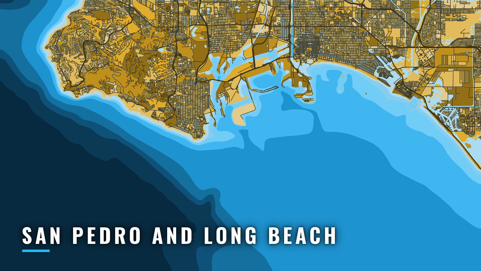 Stylized map of San Pedro and Long Beach, California, labelled with the port name (not for navigation)