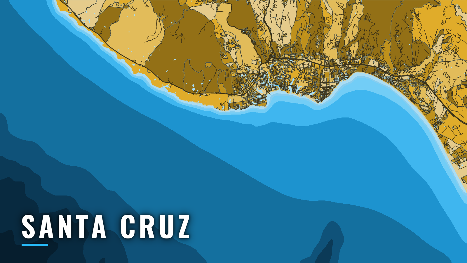 Stylized map of Santa Cruz, California, labelled with the port name (not for navigation)