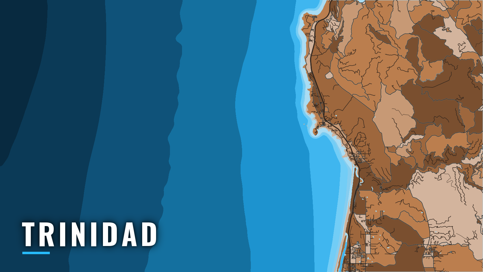 Stylized map of Trinidad, California, labelled with the port name (not for navigation)