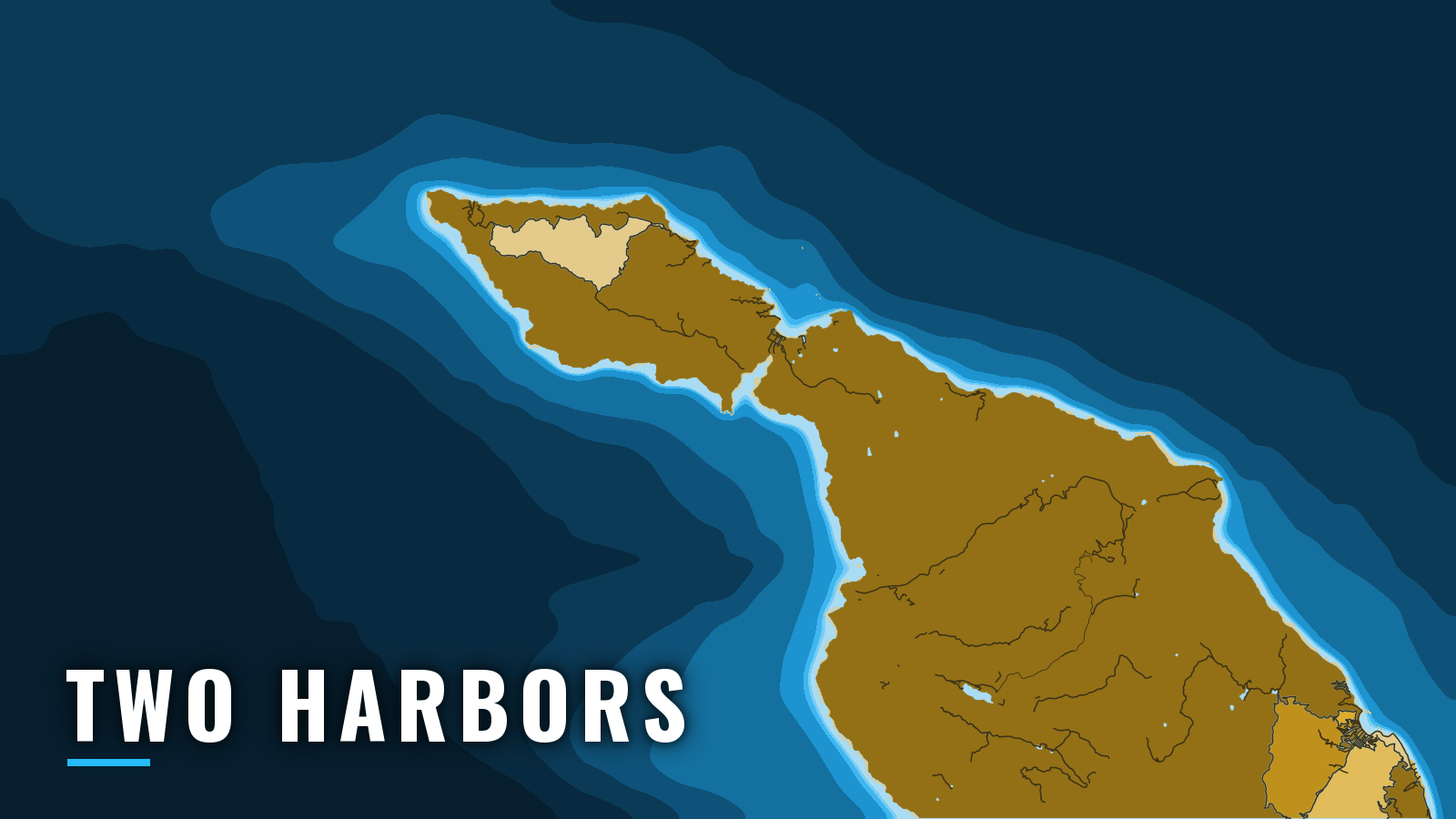 Stylized map of Two Harbors, California, labelled with the port name (not for navigation)