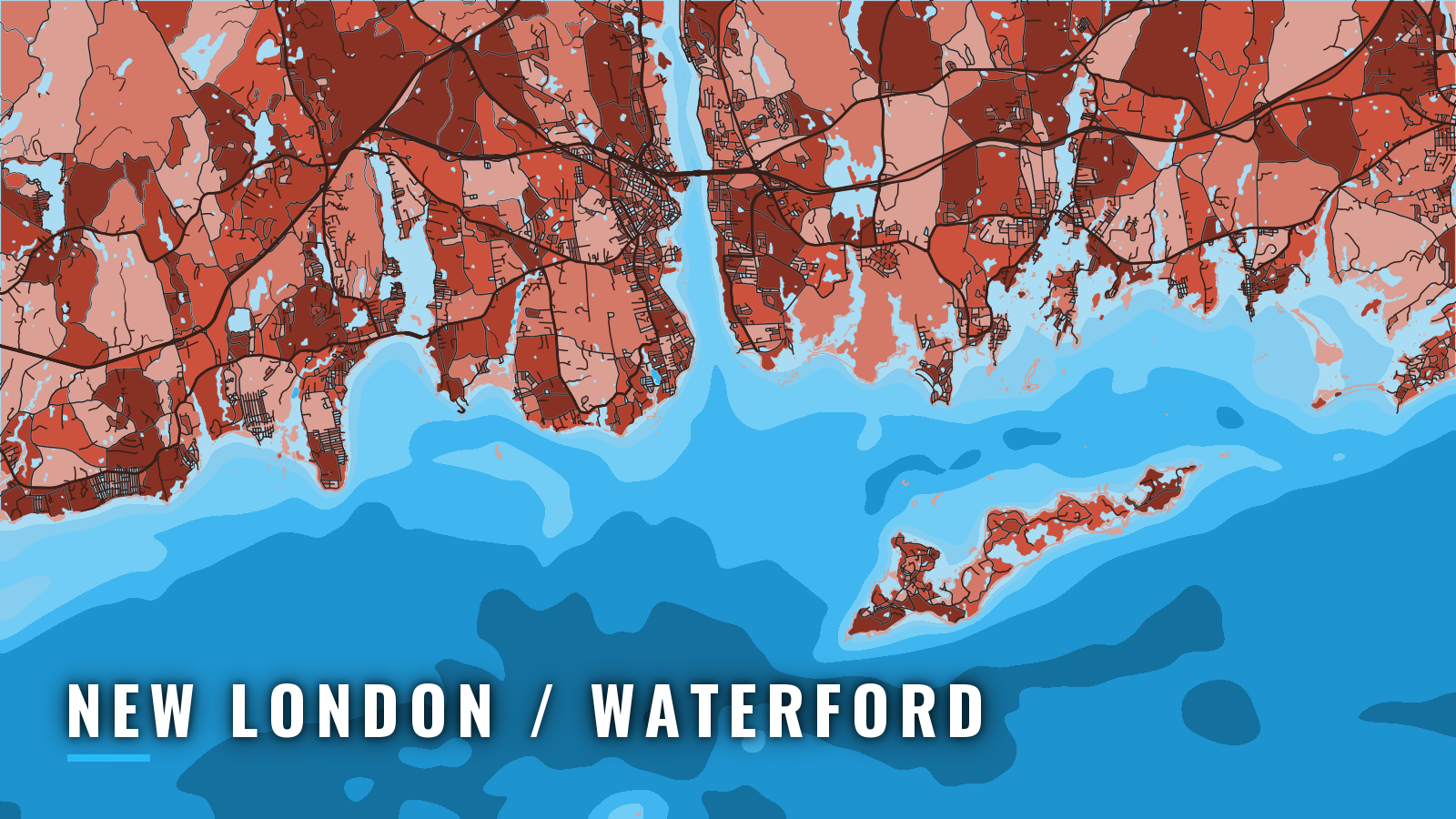 Stylized map of New London / Waterford, Connecticut, labelled with the port name (not for navigation)