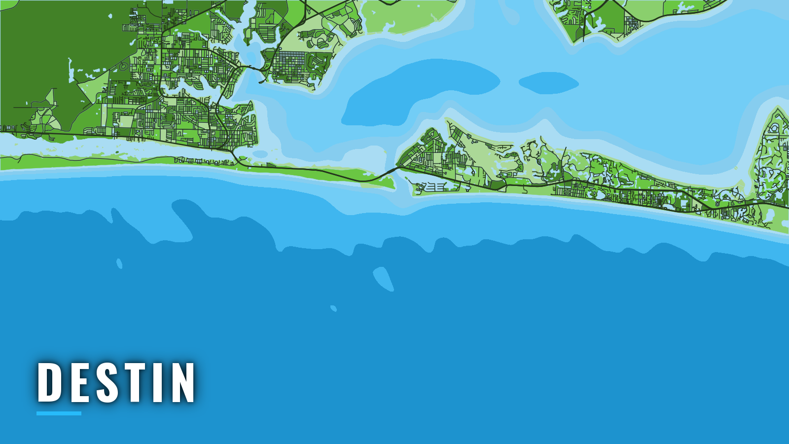 Stylized map of Destin, Florida, labelled with the port name (not for navigation)