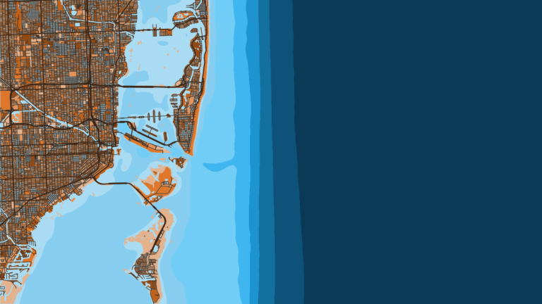 Illustration of Miami, blue water close to the city.
