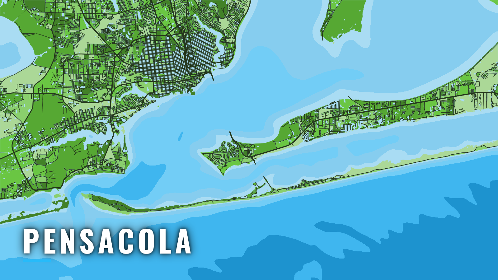 Stylized map of Pensacola, Florida, labelled with the port name (not for navigation)
