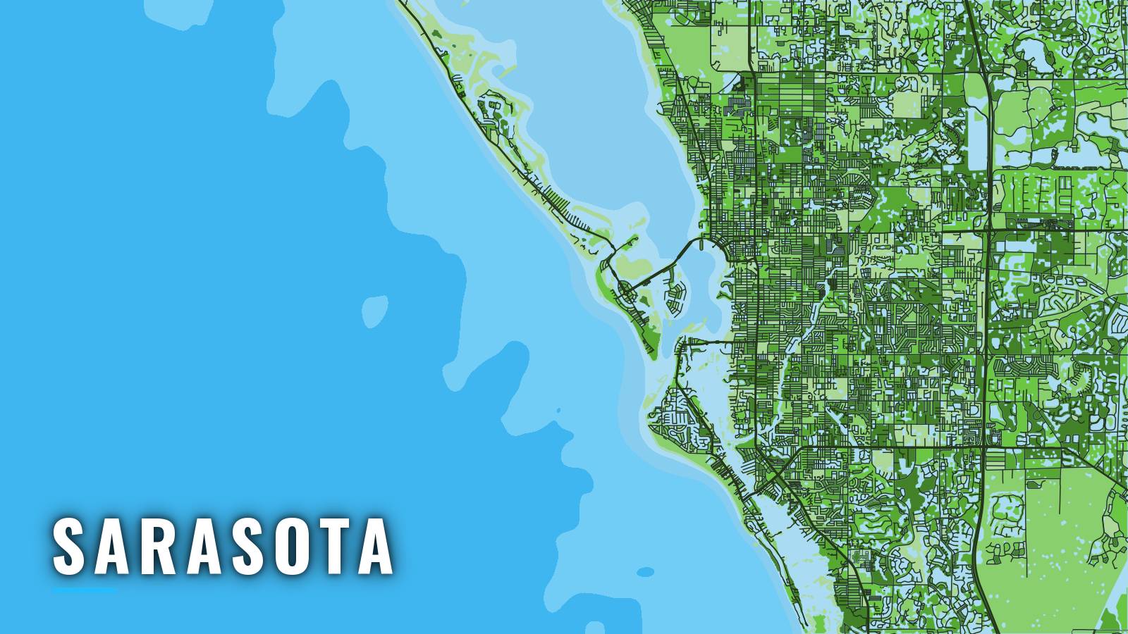 Stylized map of Sarasota, Florida, labelled with the port name (not for navigation)