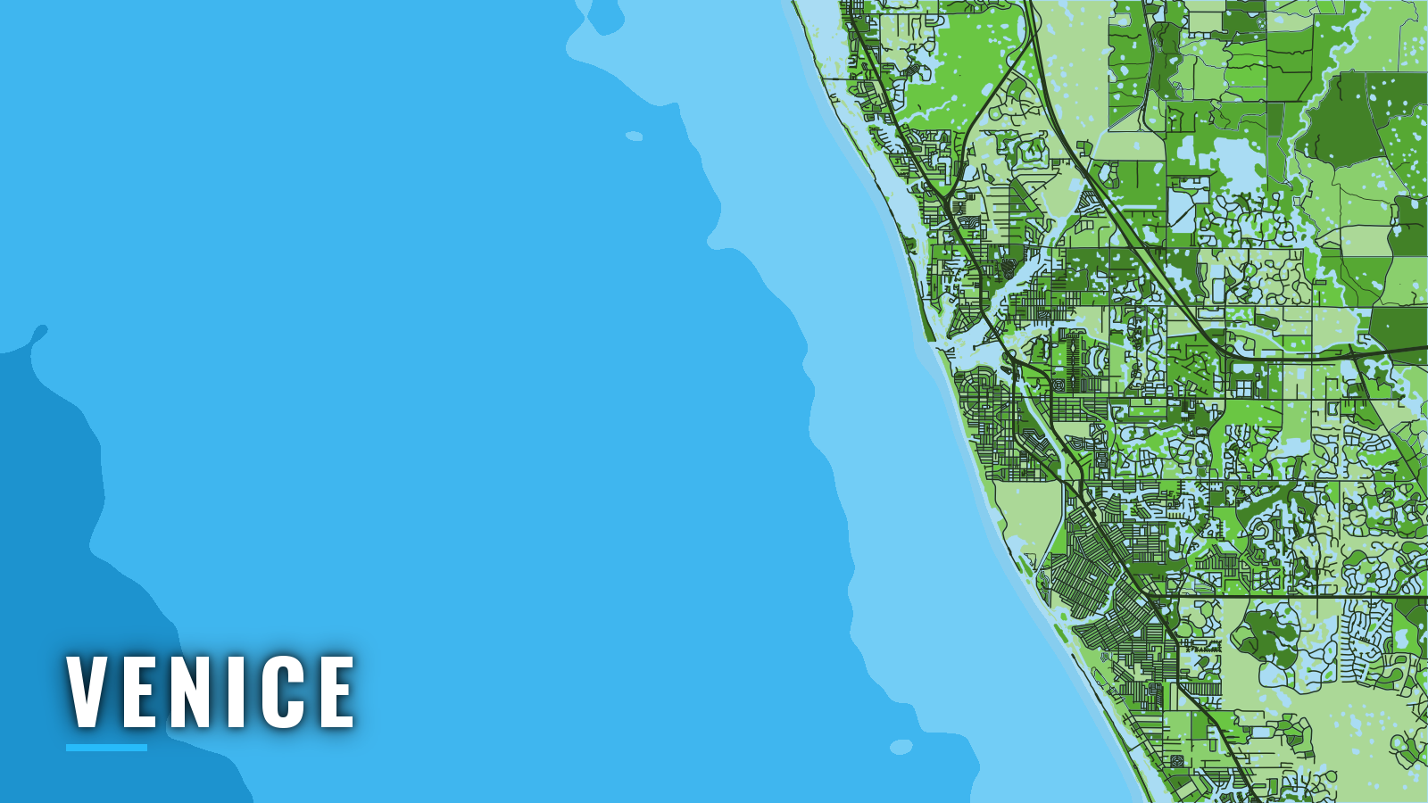 Stylized map of Venice, Florida, labelled with the port name (not for navigation)