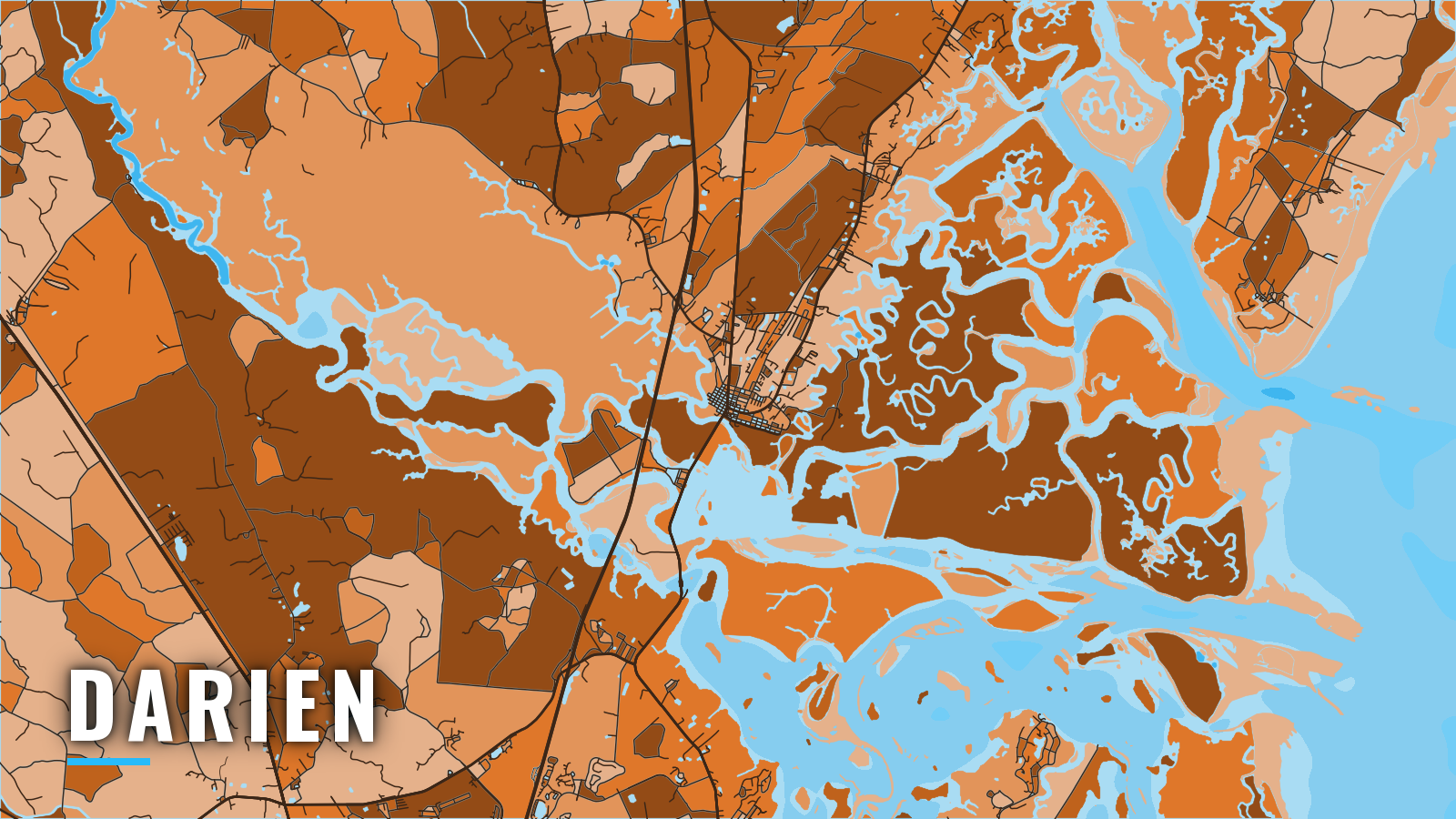 Stylized map of Darien, Georgia, labelled with the port name (not for navigation)