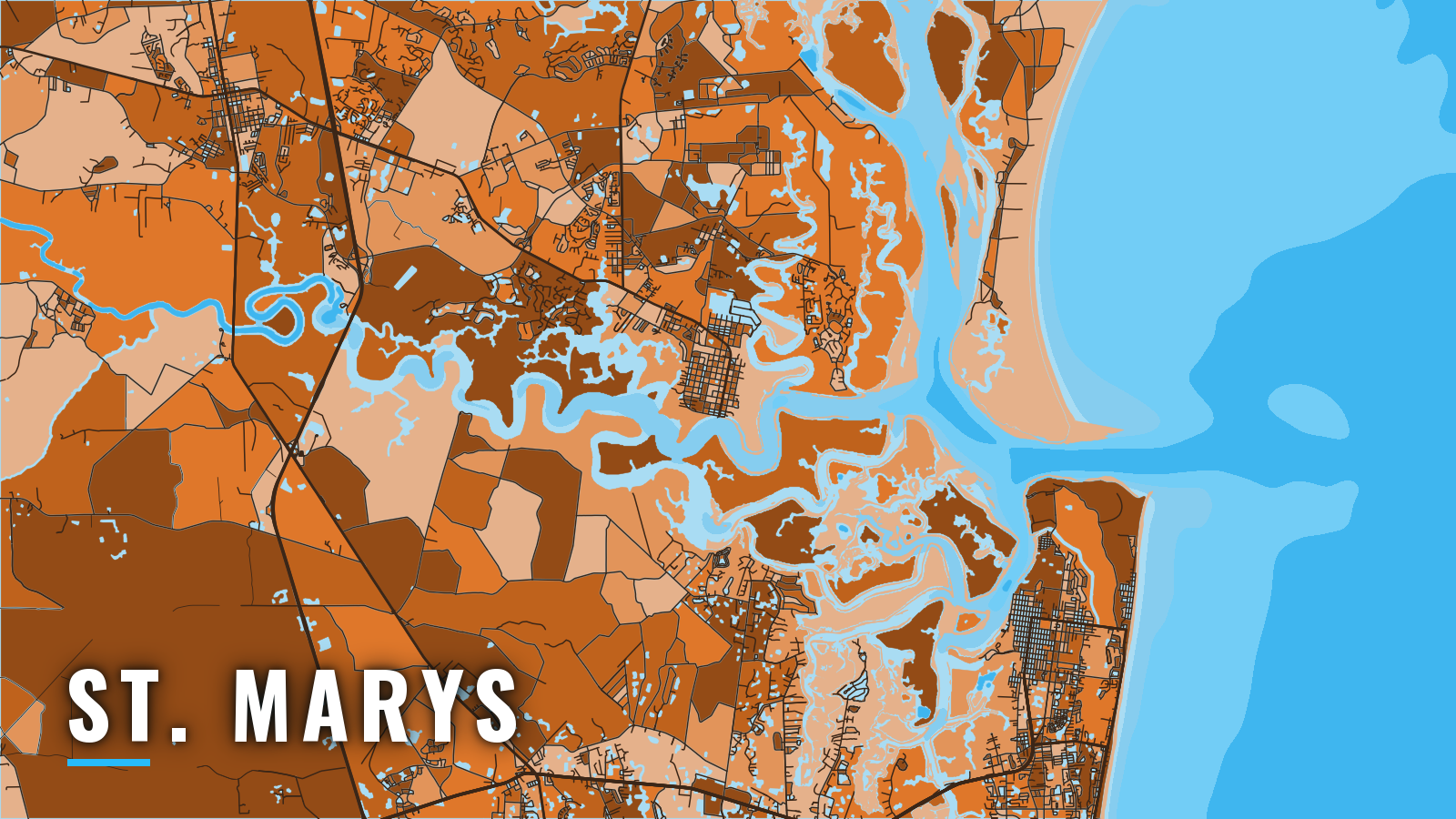 Stylized map of St. Marys, Georgia, labelled with the port name (not for navigation)