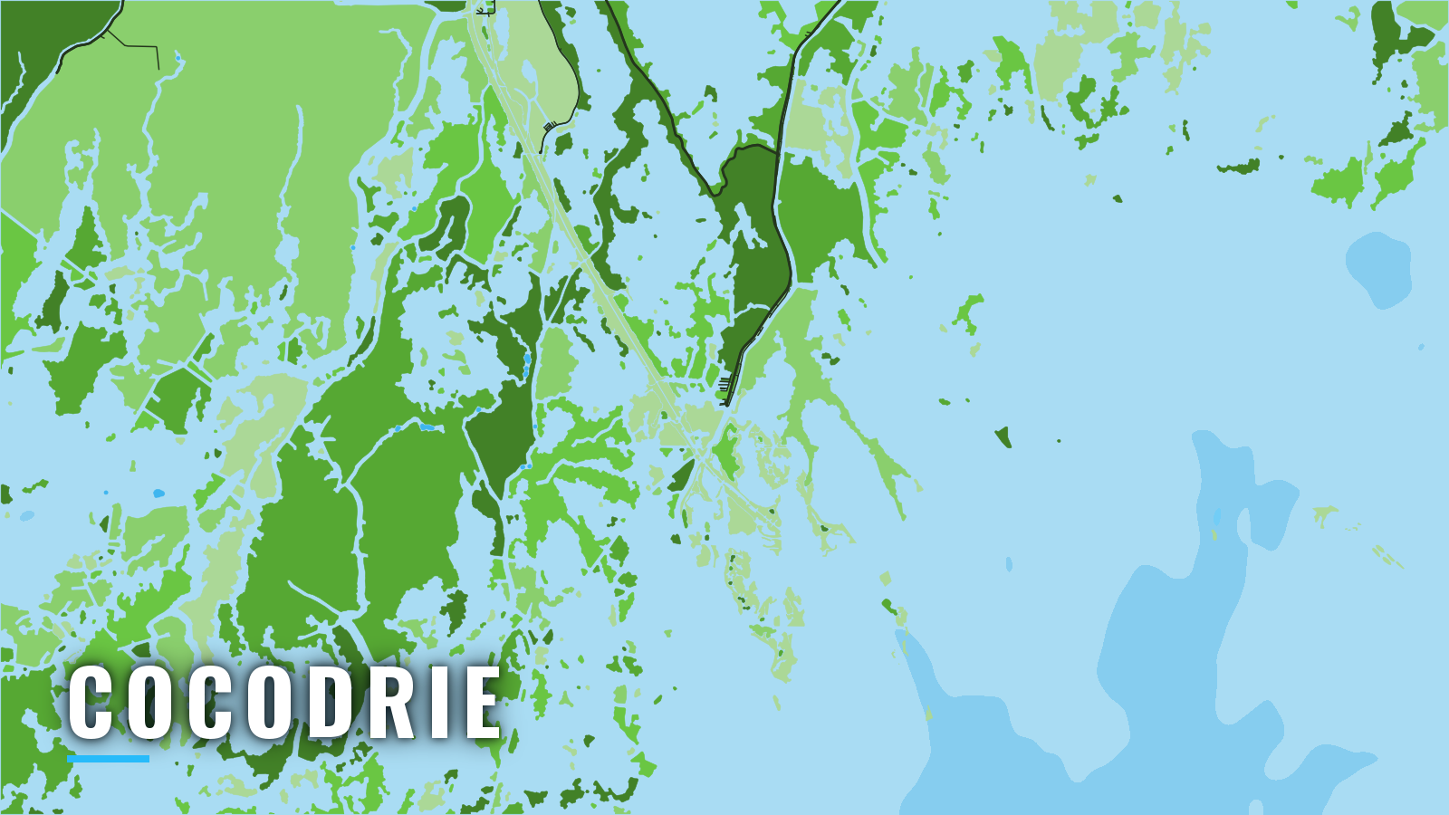 Stylized map of Cocodrie, Louisiana, labelled with the port name (not for navigation)