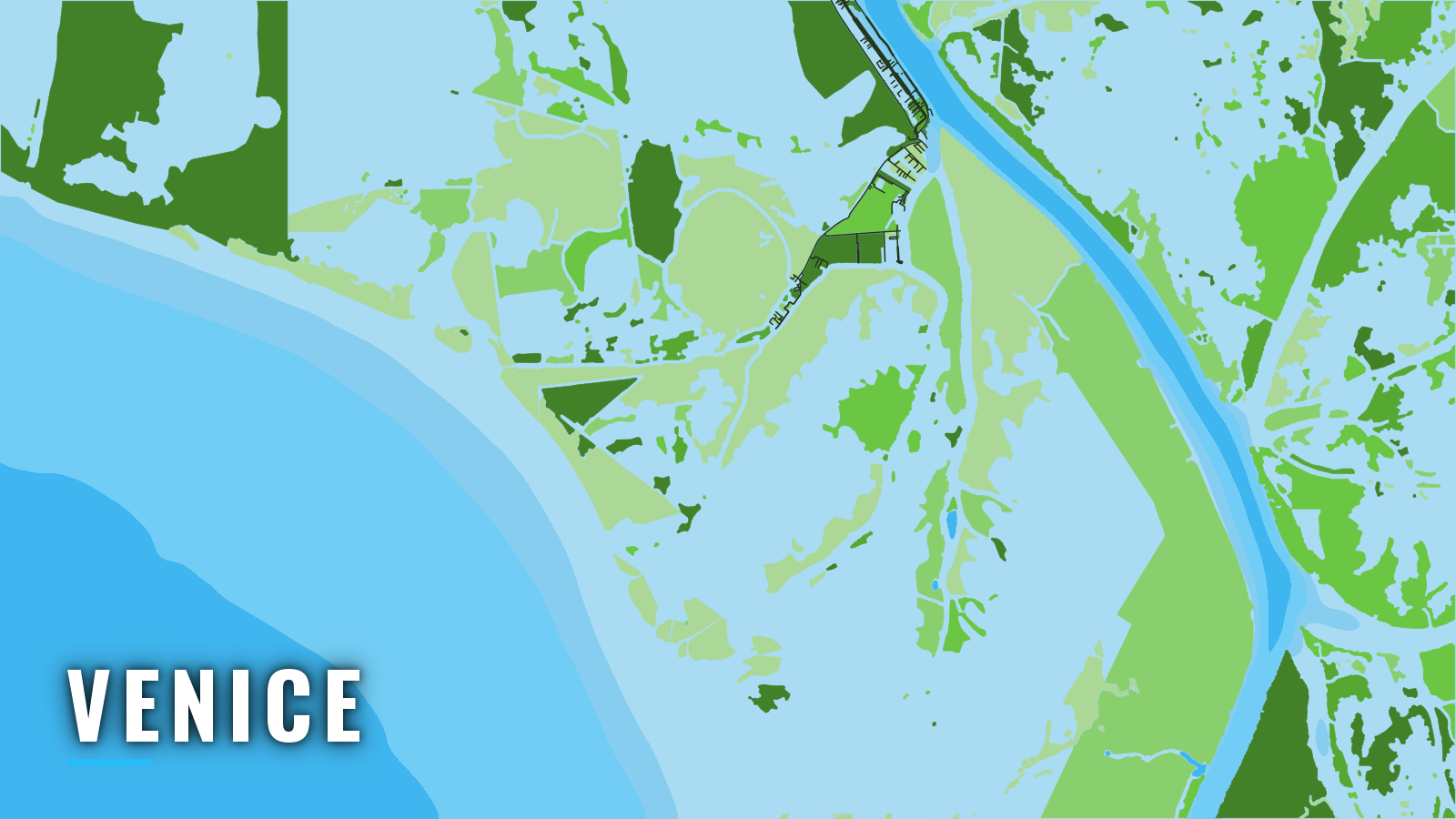 Stylized map of Venice, Louisiana, labelled with the port name (not for navigation)