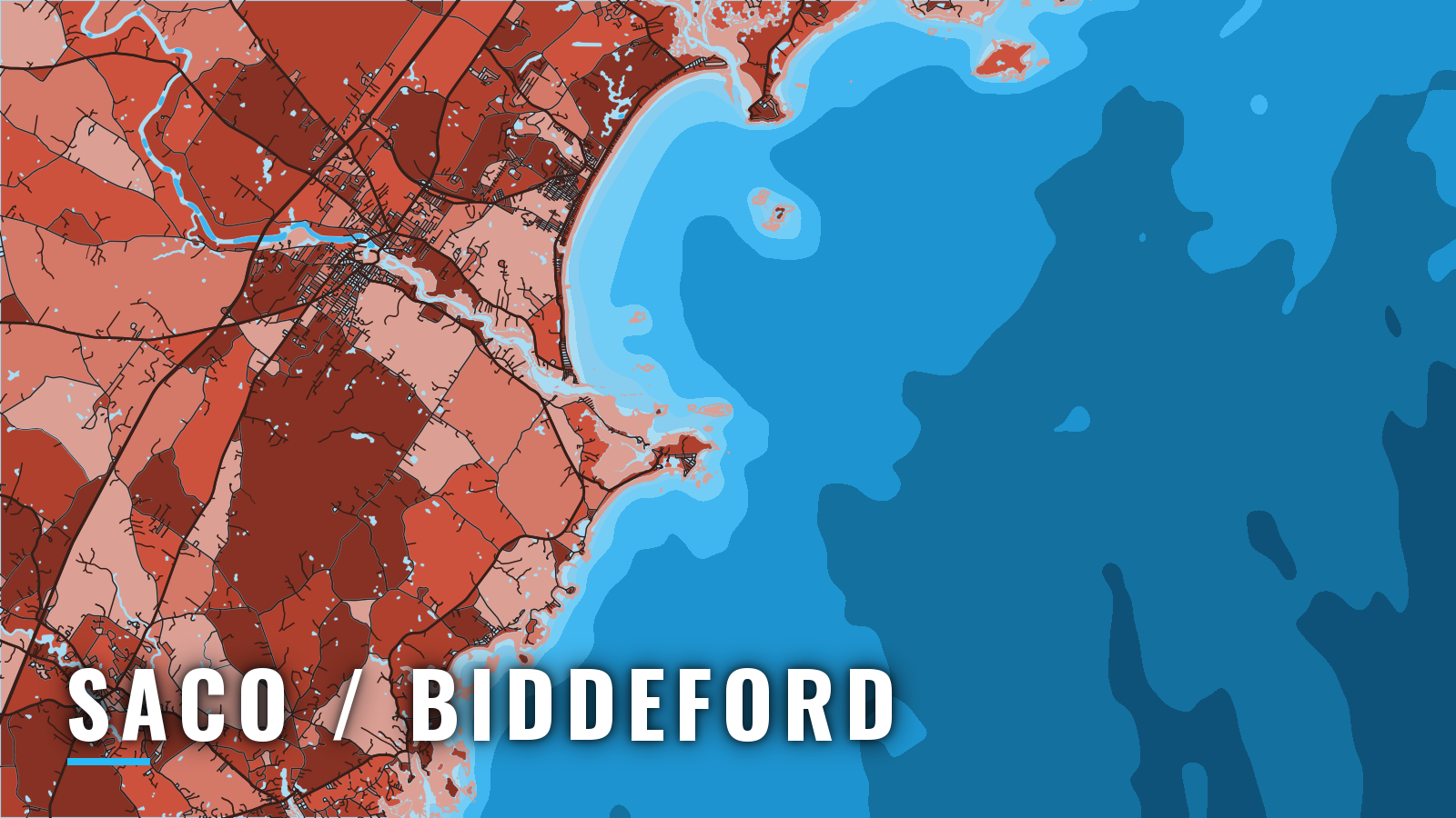 Stylized map of Saco / Biddeford, Maine, labelled with the port name (not for navigation)