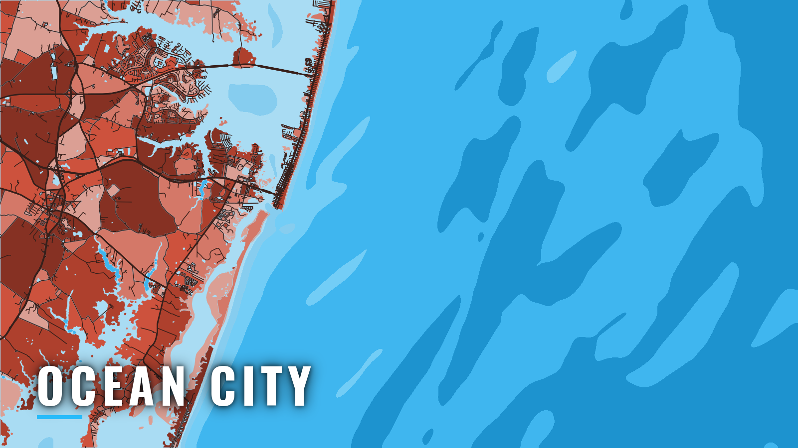 Stylized map of Ocean City, Maryland, labelled with the port name (not for navigation)