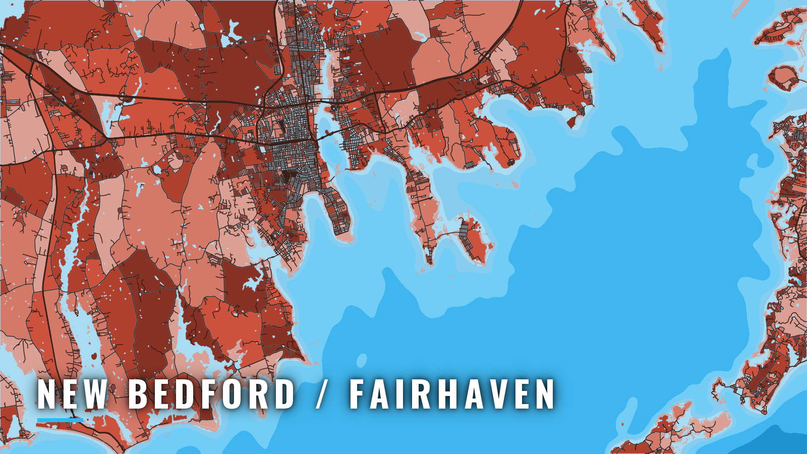 Stylized map of New Bedford / Fairhaven, Massachusetts, labelled with the port name (not for navigation)