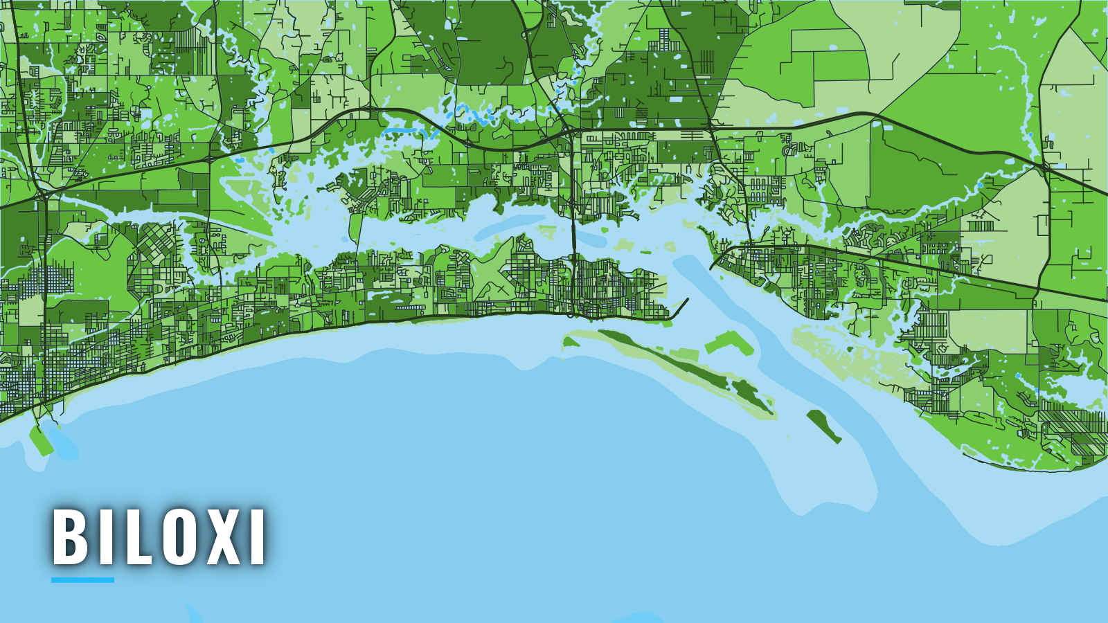 Stylized map of Biloxi, Mississippi, labelled with the port name (not for navigation)