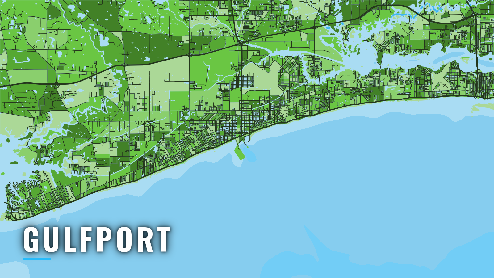 Stylized map of Gulfport, Mississippi, labelled with the port name (not for navigation)