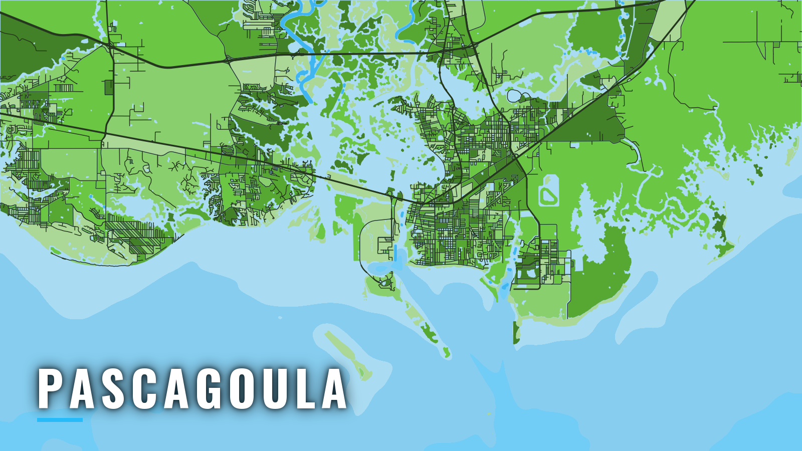 Stylized map of Pascagoula, Mississippi, labelled with the port name (not for navigation)