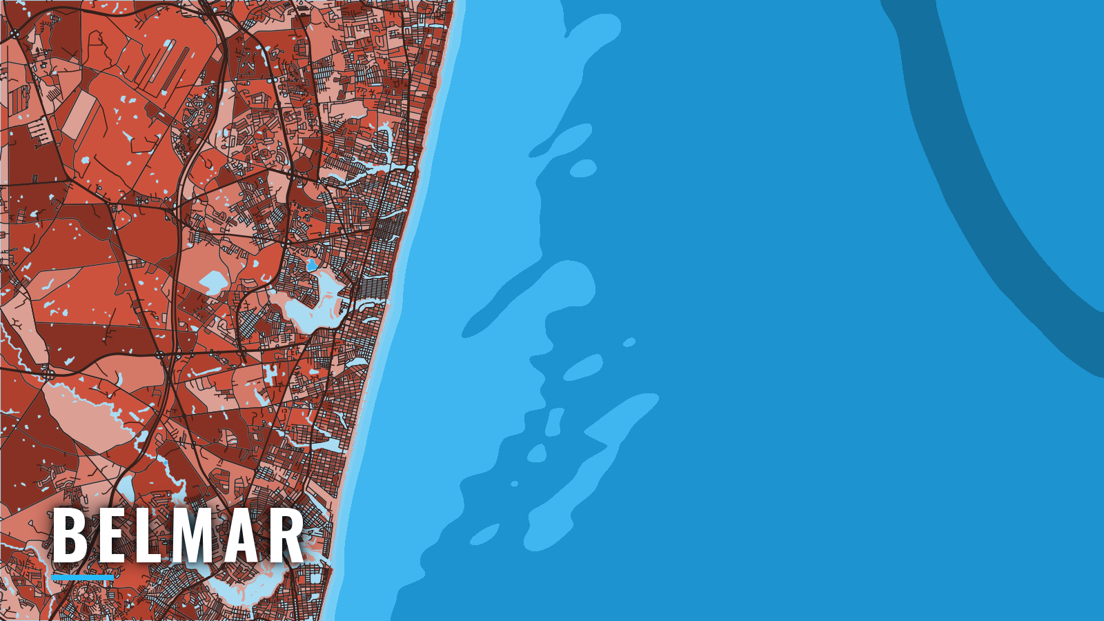 Stylized map of Belmar, New Jersey, labelled with the port name (not for navigation)