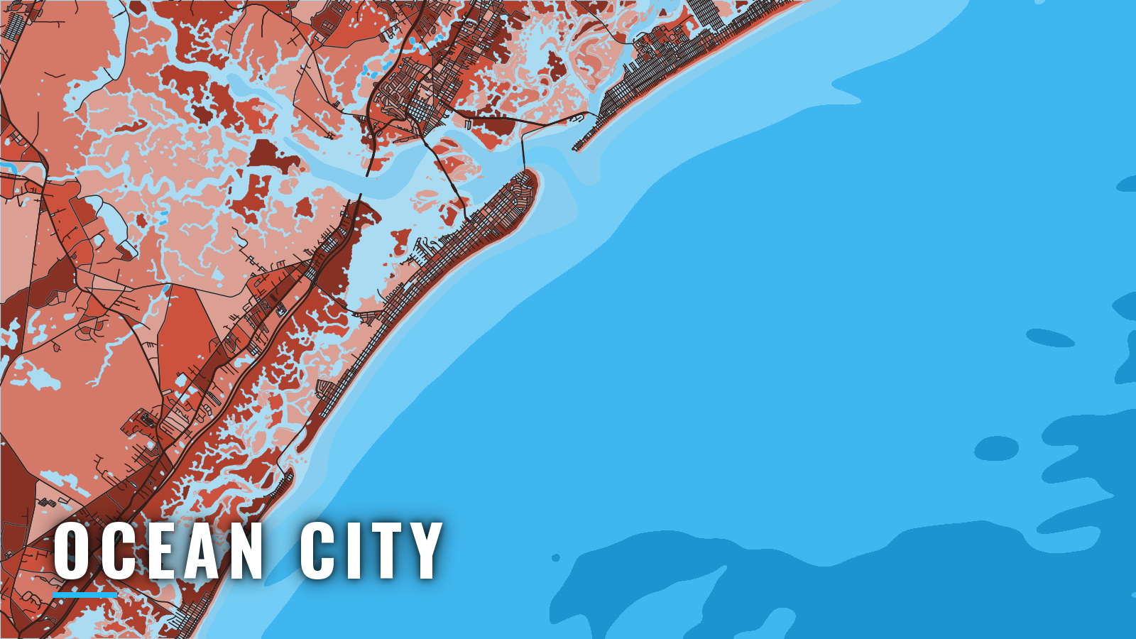 Stylized map of Ocean City, New Jersey, labelled with the port name (not for navigation)