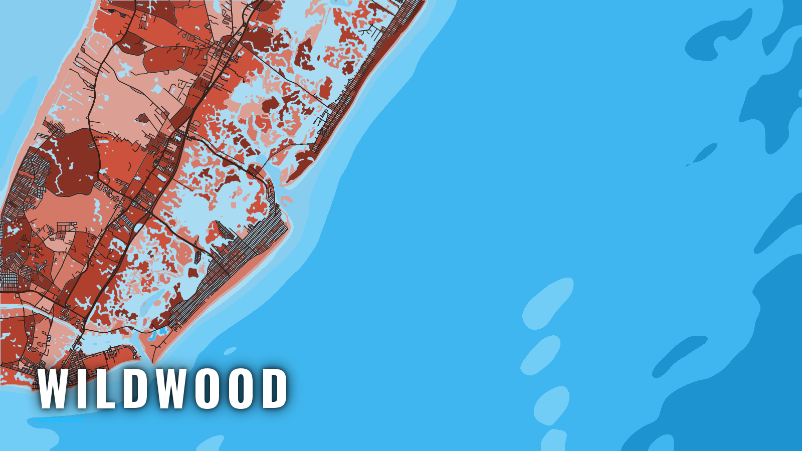 Stylized map of Wildwood, New Jersey, labelled with the port name (not for navigation)