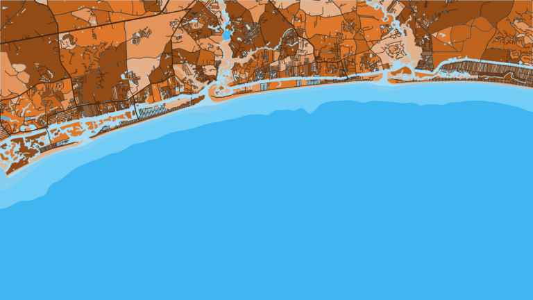 Illustration of Ocean Isle Beach, the southernmost stretch toward the South Carolina line, for nearshore reef and ledge fishing.