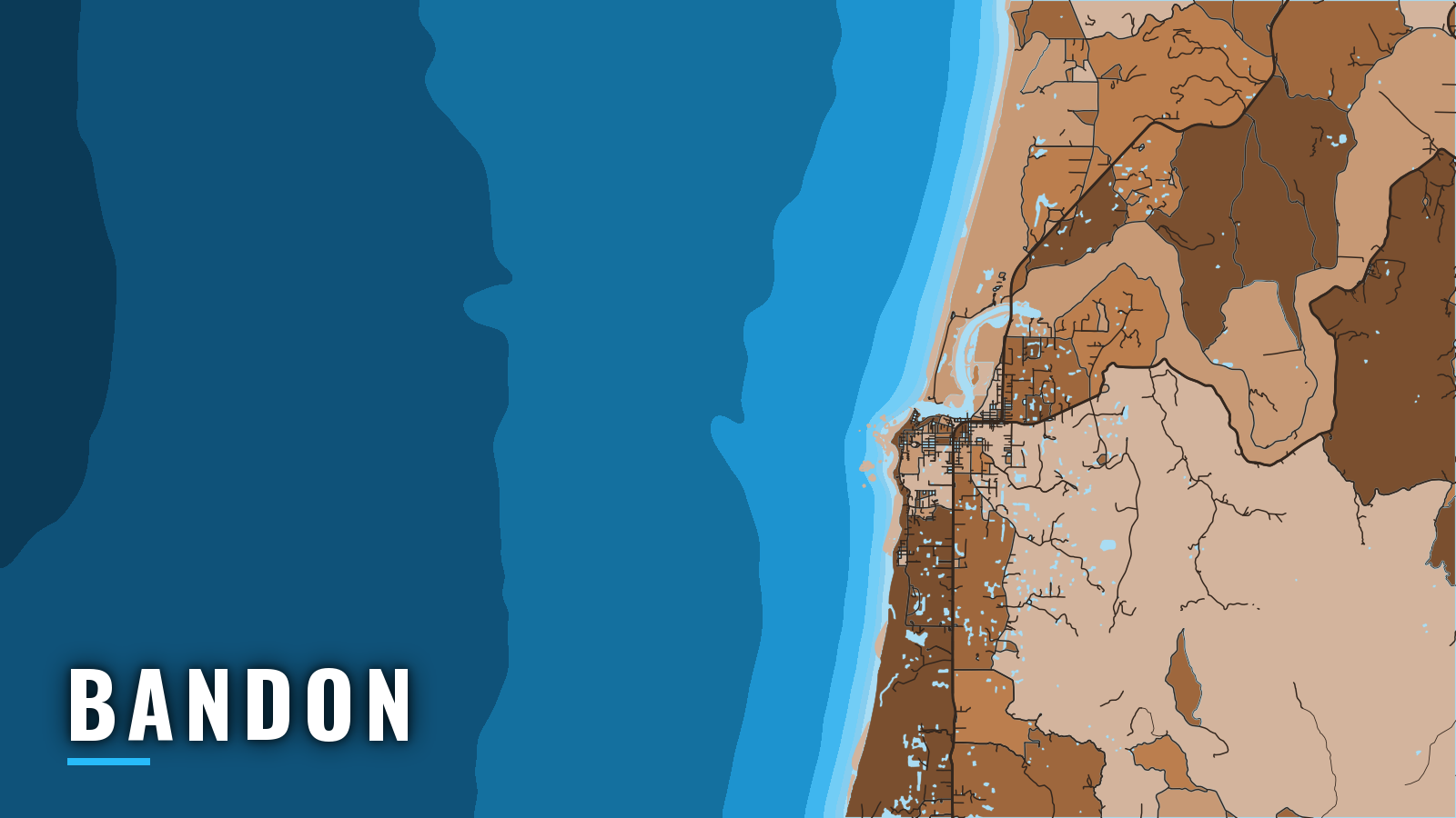 Stylized map of Bandon, Oregon, labelled with the port name (not for navigation)
