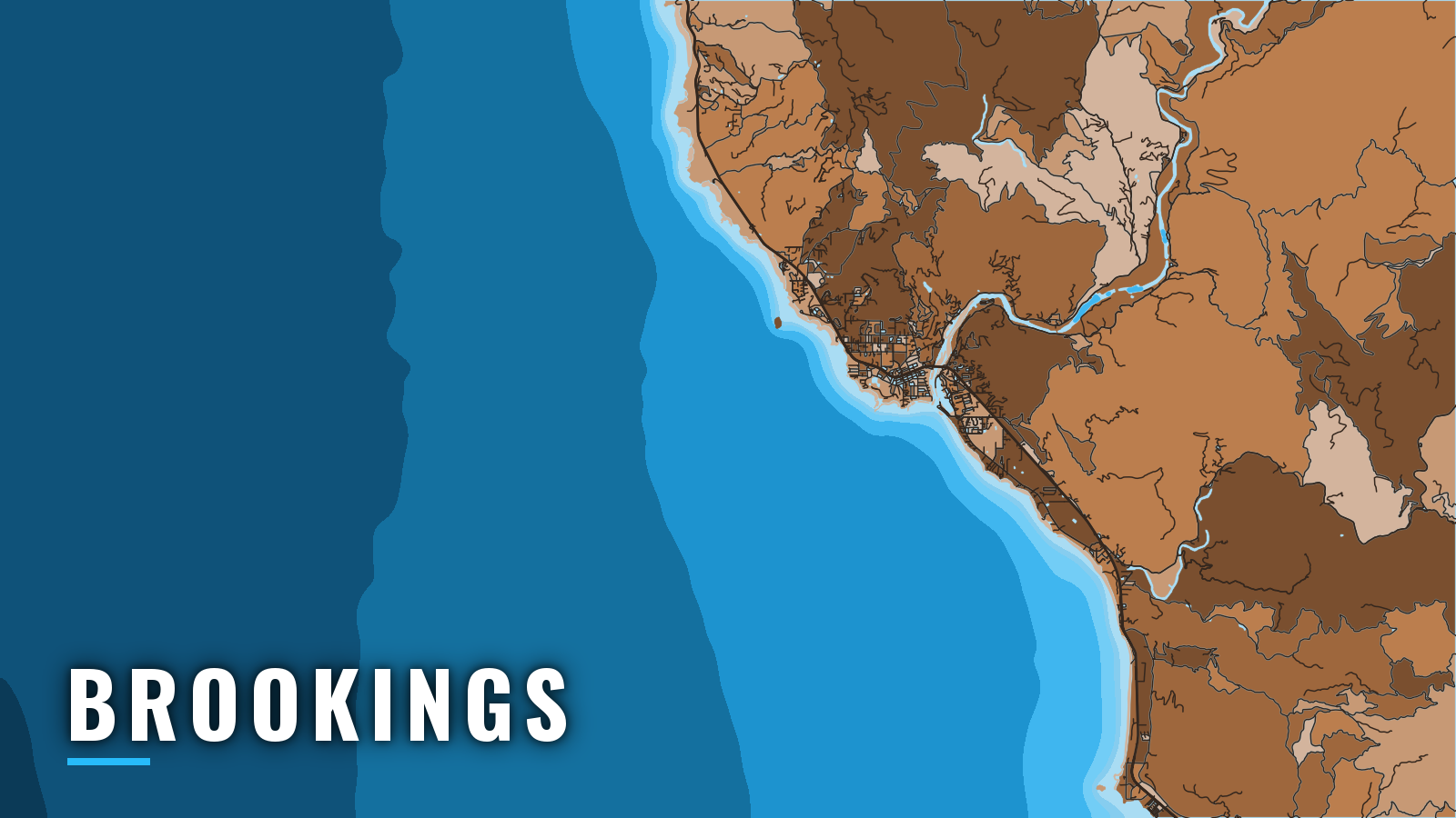 Stylized map of Brookings, Oregon, labelled with the port name (not for navigation)