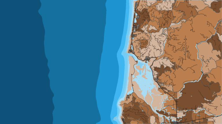 Illustration of Garibaldi, Tillamook Bay bar, salmon, halibut and nearshore reefs, and home port of the Oregon Tuna Classic.