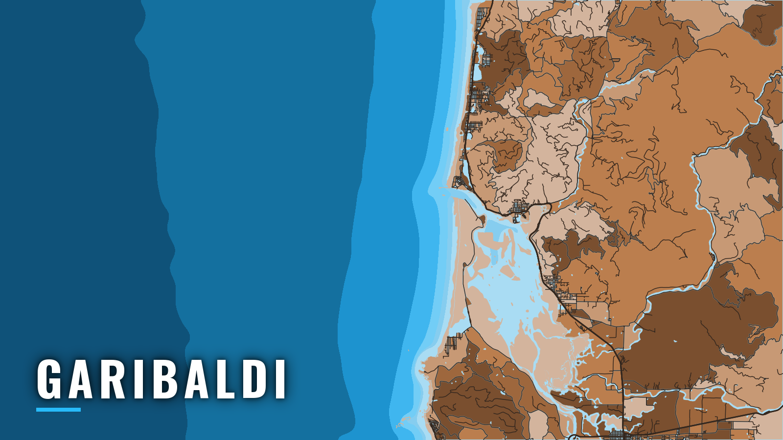 Stylized map of Garibaldi, Oregon, labelled with the port name (not for navigation)
