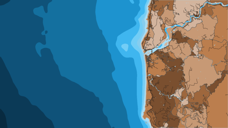 Illustration of Gold Beach, Rogue River mouth, reefs.