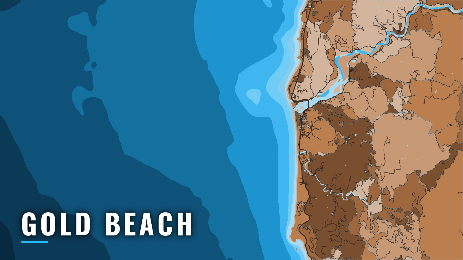 Stylized map of Gold Beach, Oregon, labelled with the port name (not for navigation)