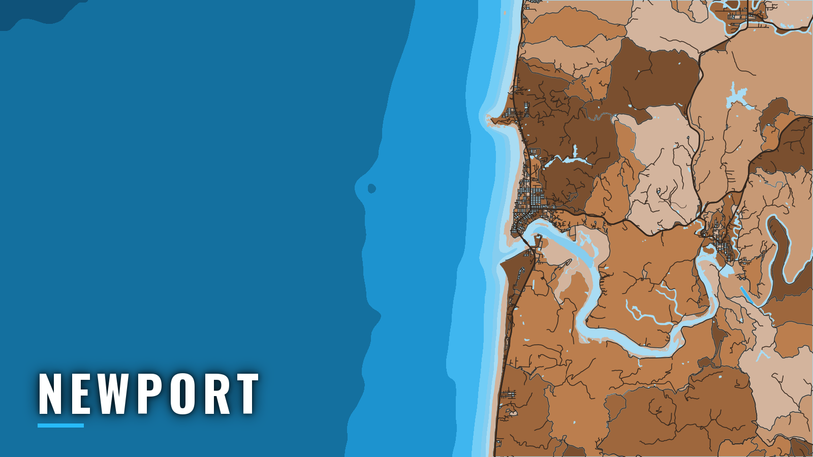 Stylized map of Newport, Oregon, labelled with the port name (not for navigation)