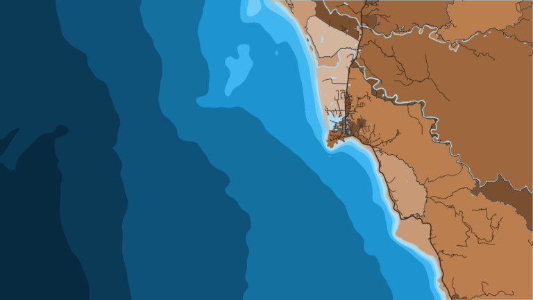 Illustration of Port Orford, open-bay dock where boats are lifted in and out by hoist, near the Redfish Rocks reefs.